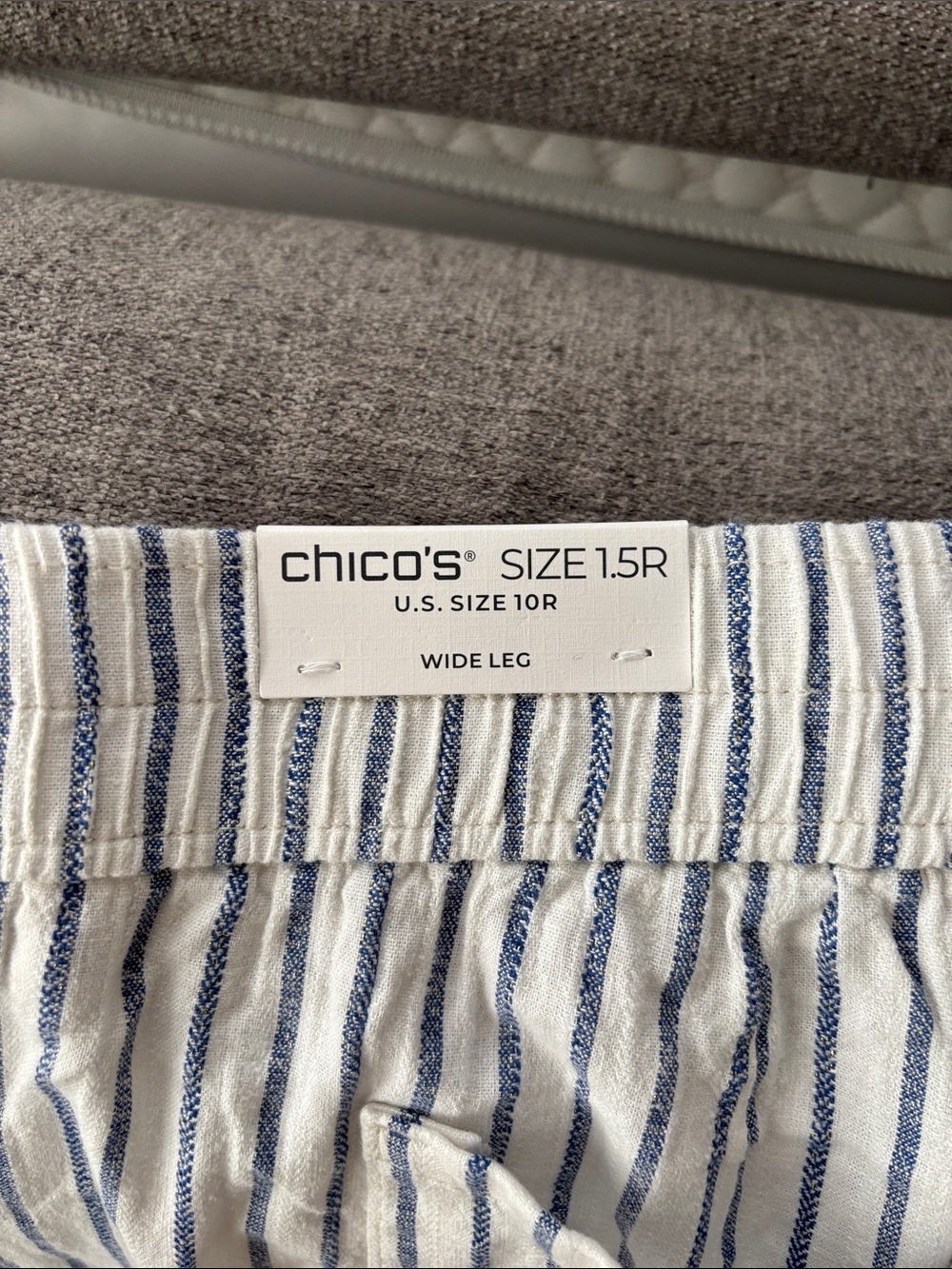 Chico's White Pants with Blue Vertical Stripes
